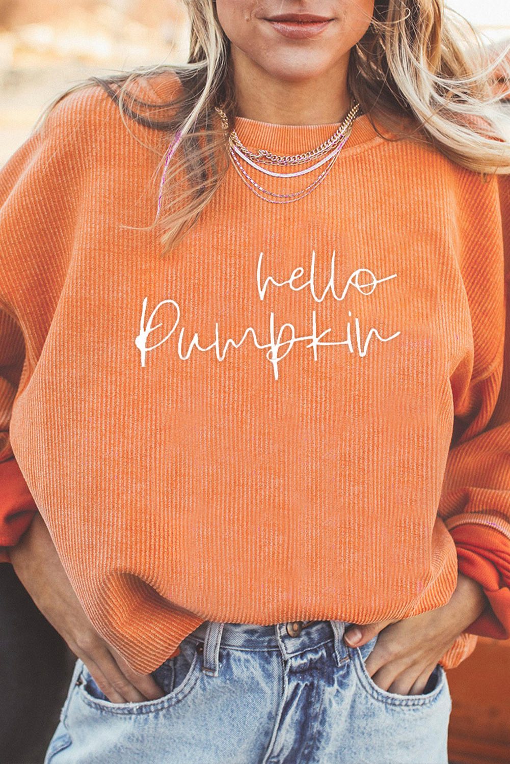 Hello Pumpkin Embroidered Ribbed Crew