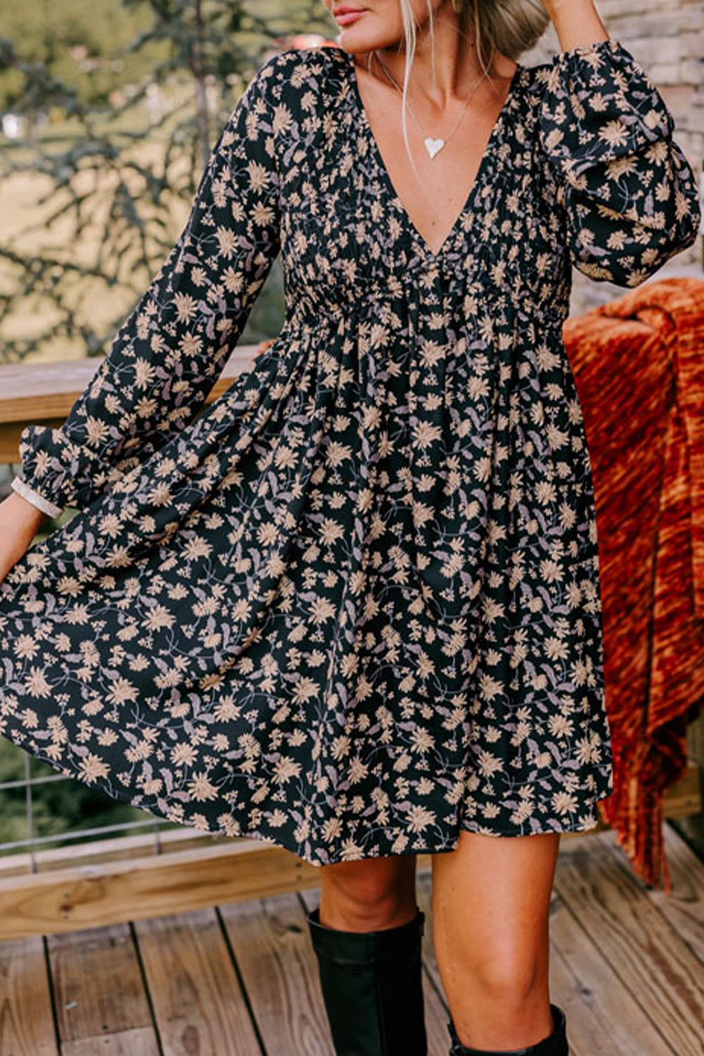 Black Floral Smocked Baby Doll Dress
