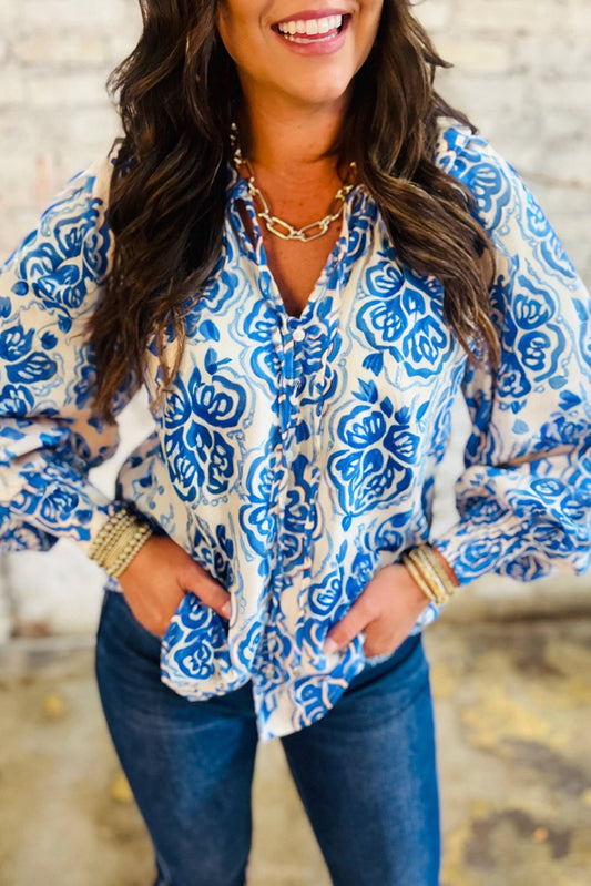 blue printed split neck blouse